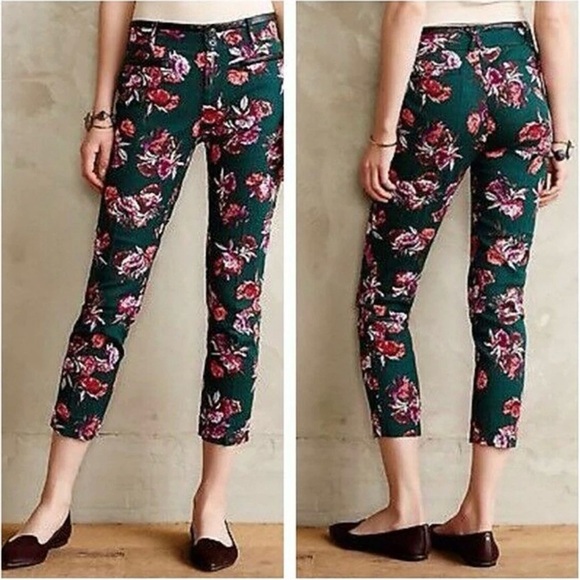 Anthropologie Cartonnier Floral Capri Pants Green Charlie Ankle Trousers - Picture 1 of 10